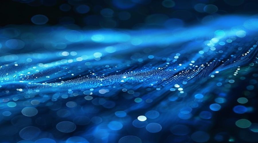 Abstract digital data flow with glowing blue particles representing advanced AI processing and neural networks