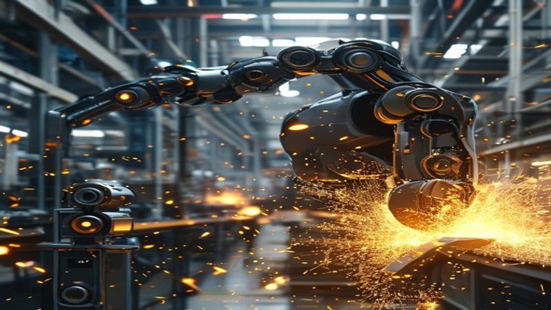 A robotic arm with sparks flying, symbolizing advanced factory automation and cutting-edge manufacturing in the semiconductor industry.