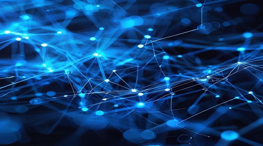 Abstract neural network visualization with interconnected blue nodes and lines, representing advanced AI processing