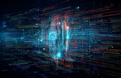 Abstract digital representation of a machine learning algorithm, featuring glowing lines of code and interconnected data points forming a matrix pattern, illustrating AI processing.