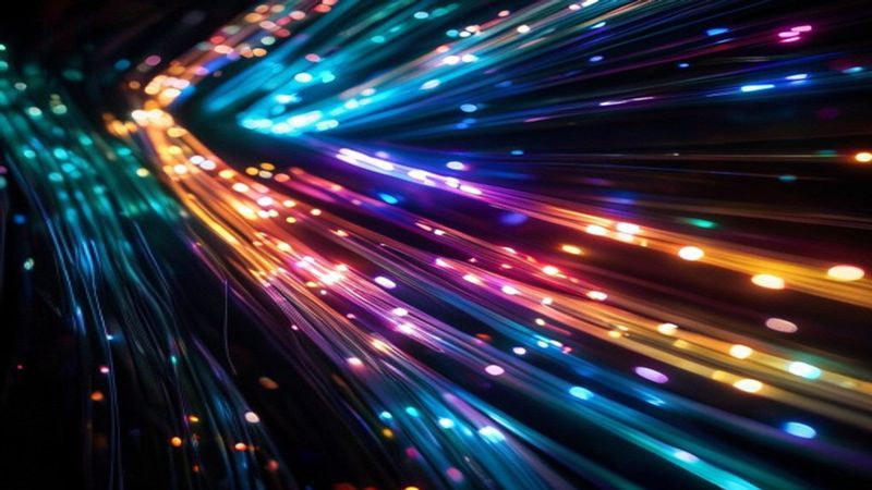 Dynamic streaks of light moving through a dark, abstract representation of fiber optic cables, symbolizing high-speed data transfer and connectivity.