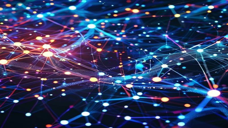 Interconnected blockchain technology network nodes forming an abstract digital landscape, symbolizing decentralized AI systems