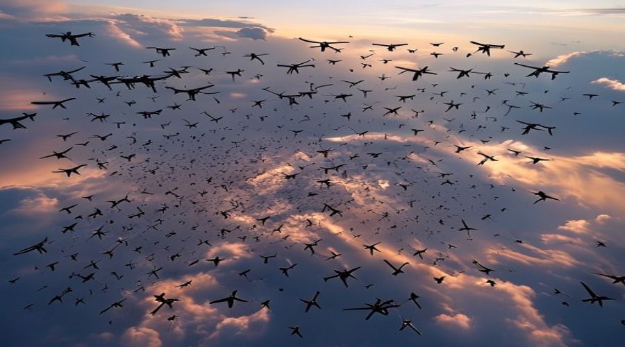 A futuristic swarm of drones flying in formation against a technology-inspired sky, symbolizing advanced AI and global technological competition.
