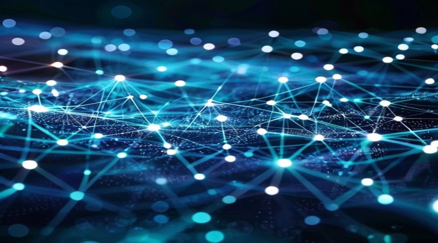 Abstract representation of blockchain technology with glowing network nodes and connecting lines, symbolizing data flow and complex systems.